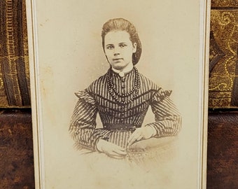 CDV Photo Young Woman Striped Dress Double Strand Bead Necklace~Rochester NY