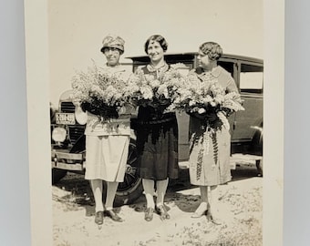Women Holding Flowers~Vintage Photo~Three Women with Big Bouquets
