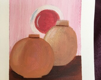 Jugs and Plate. Acrylic 5-1/2" x 91/4" canvas paper. Unframed