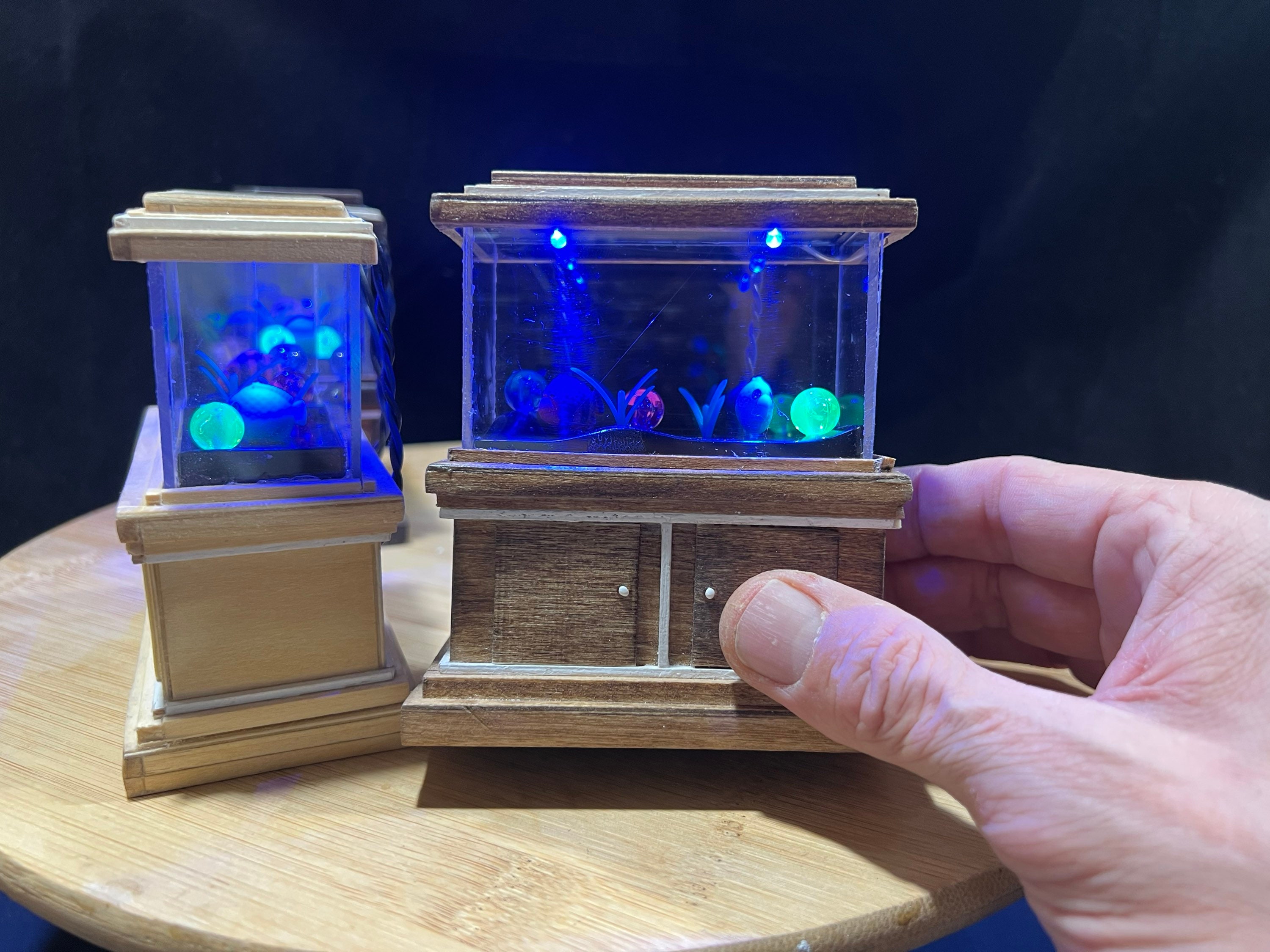 112 Dollhouse wood stain finish, miniature fish tanks, LED aquariums