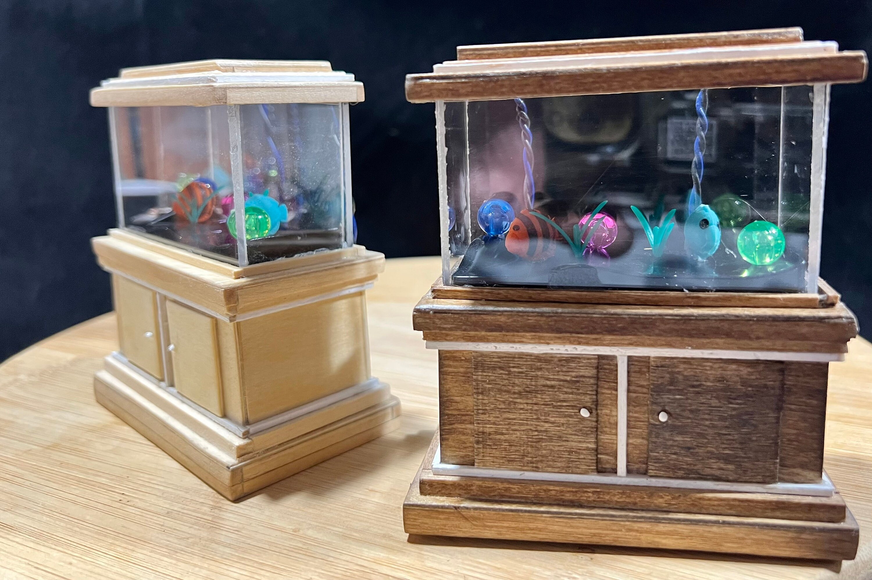112 Dollhouse wood stain finish, miniature fish tanks, LED aquariums