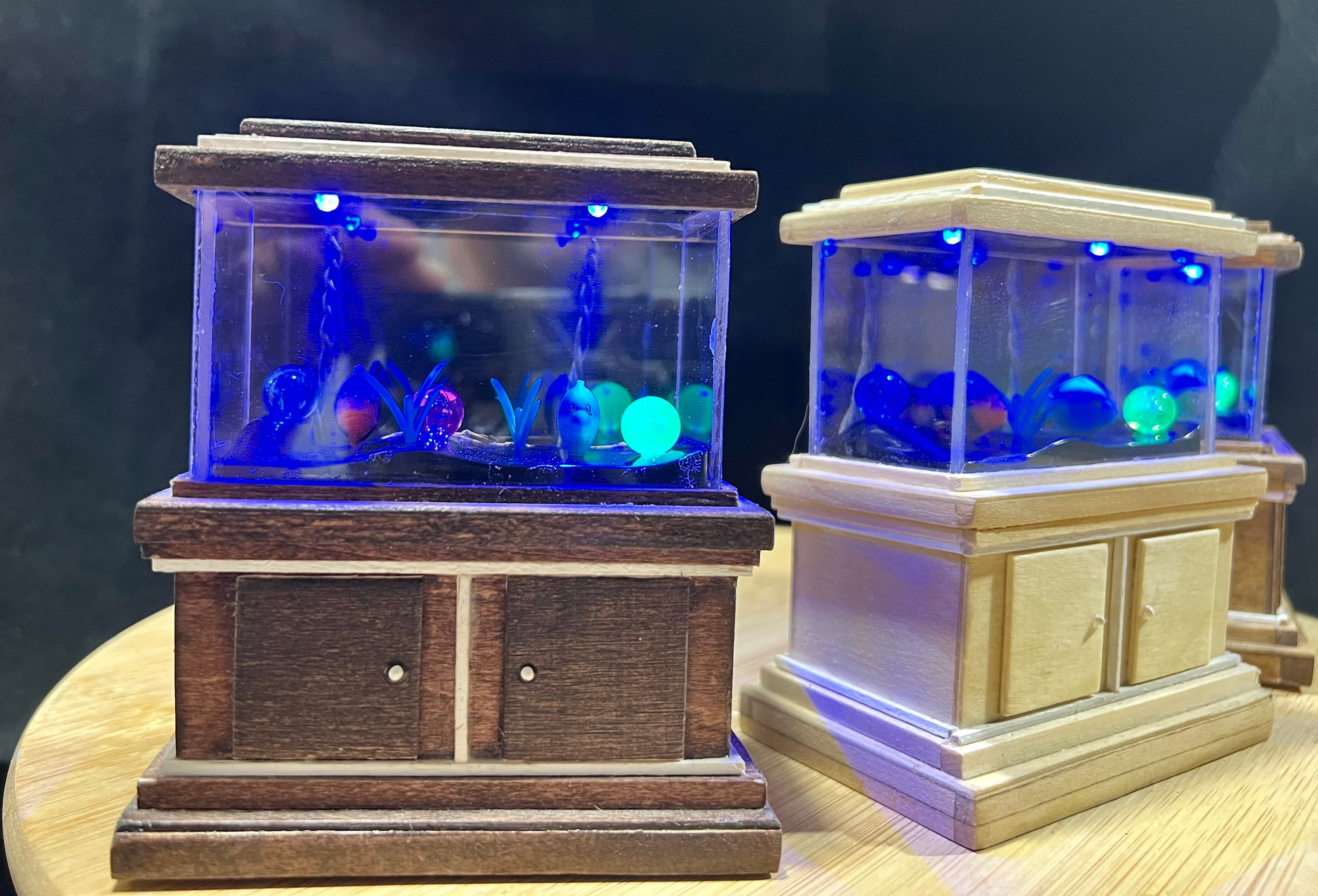 112 Dollhouse wood stain finish, miniature fish tanks, LED aquariums
