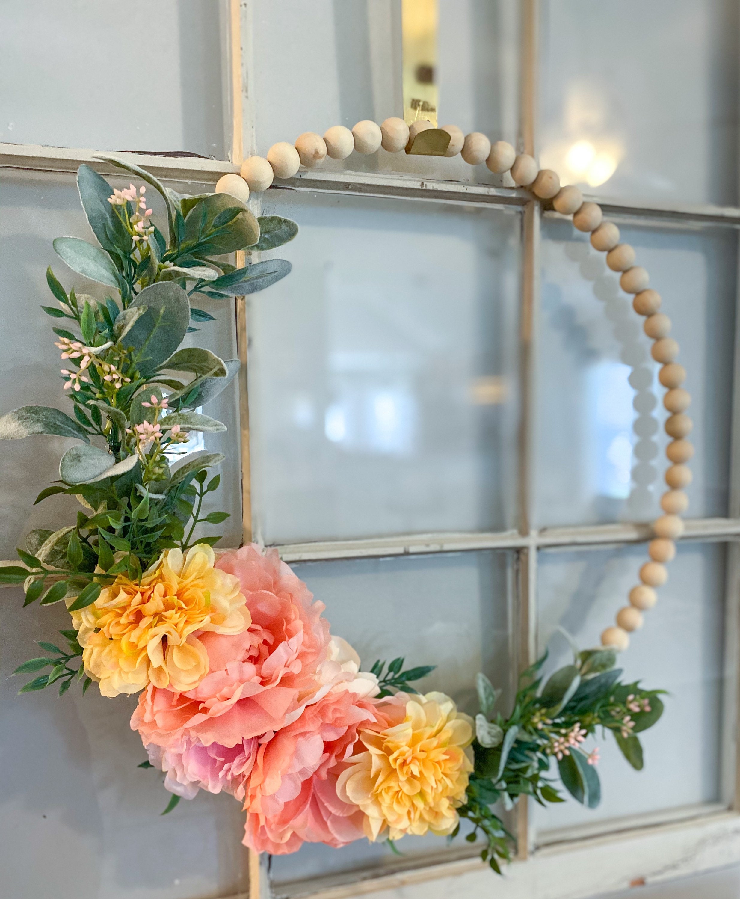 Summer Peony Hoop Wreath Beaded Hoop Wreath Spring Wreath Etsy