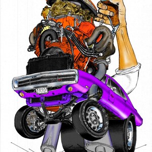 May include: A purple 1970 Dodge Charger with a large engine sticking out of the hood. The car is on blocks and has large tires. The engine is orange and black.