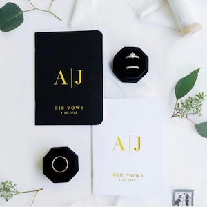 Black and White Wedding Vow Books, Set of 2, Foil Vow Booklets, Personalized Wedding Vow Booklets, Real Gold Foil