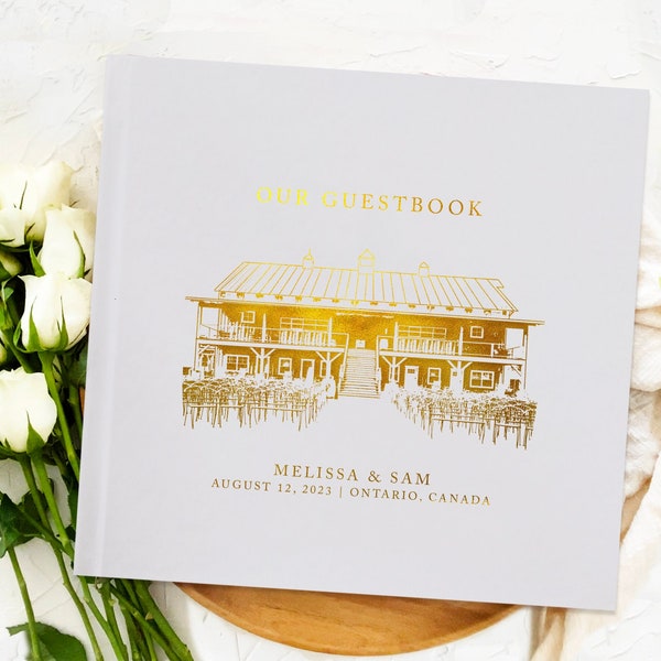 CUSTOM Venue Illustration Wedding Guest Book Wedding Guestbook Landscape Gold Foil Guestbook Personalized Hardcover Guest Photo Guest Book