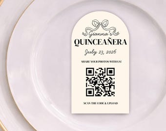Quinceañera Photo Sharing Cards: Arch-Shaped Table Decor | QR Code Quince Cards | Phot sharing cards for Quinceanera
