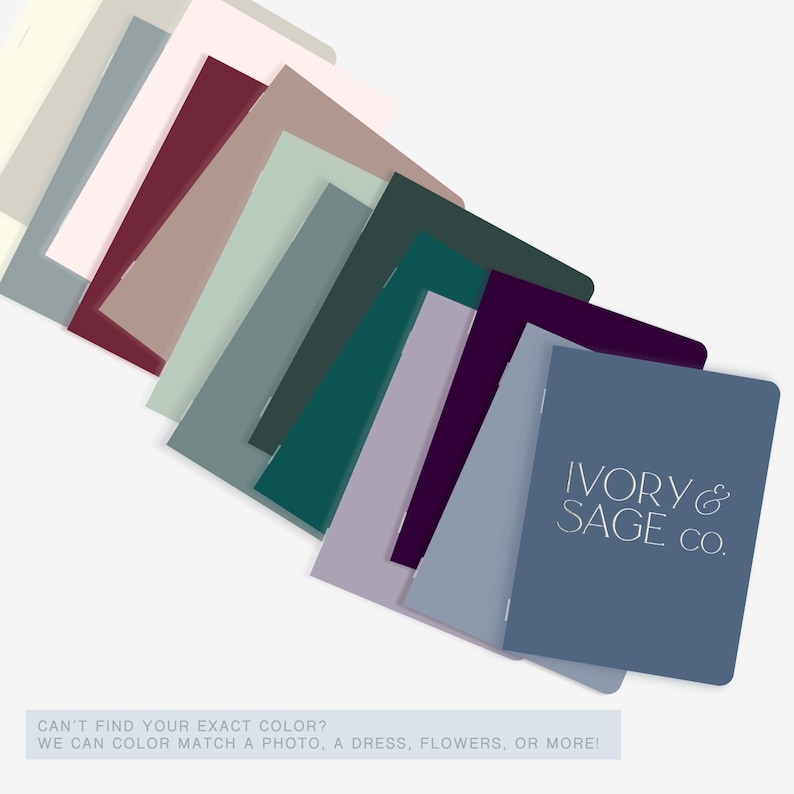 May include: A selection of colour swatches in shades of green, blue, purple, and neutral tones. The text "IVORY & SAGE CO." is on a blue swatch. The text "CAN'T FIND YOUR EXACT COLOUR? WE CAN COLOUR MATCH A PHOTO, A DRESS, FLOWERS, OR MORE!" is also present.