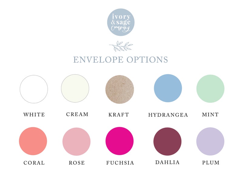 May include: A chart showing 10 different envelope color options for invitations or stationery. The colors are white, cream, kraft, hydrangea, mint, coral, rose, fuchsia, dahlia, and plum.