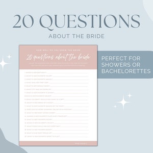 20 Questions About the Bride, Bridal Shower Game, How Well Do You Know the Bride, Instant Download Bachelorette Party Printable