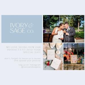 May include: A collage featuring wedding-themed products. The top right shows a couple drinking cocktails. Below are wedding invitations, shoes, and floral arrangements. The text reads "IVORY & SAGE CO." and "WE LOVE SEEING HOW OUR PRODUCTS FIT INTO YOUR SPECIAL DAY!"