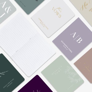 May include: Selection of wedding vow books and stationery in shades of green, purple, and white. Some cards display initials, dates, and the phrases "Their Vows" and "Allison's Vows". Measurements are not applicable.