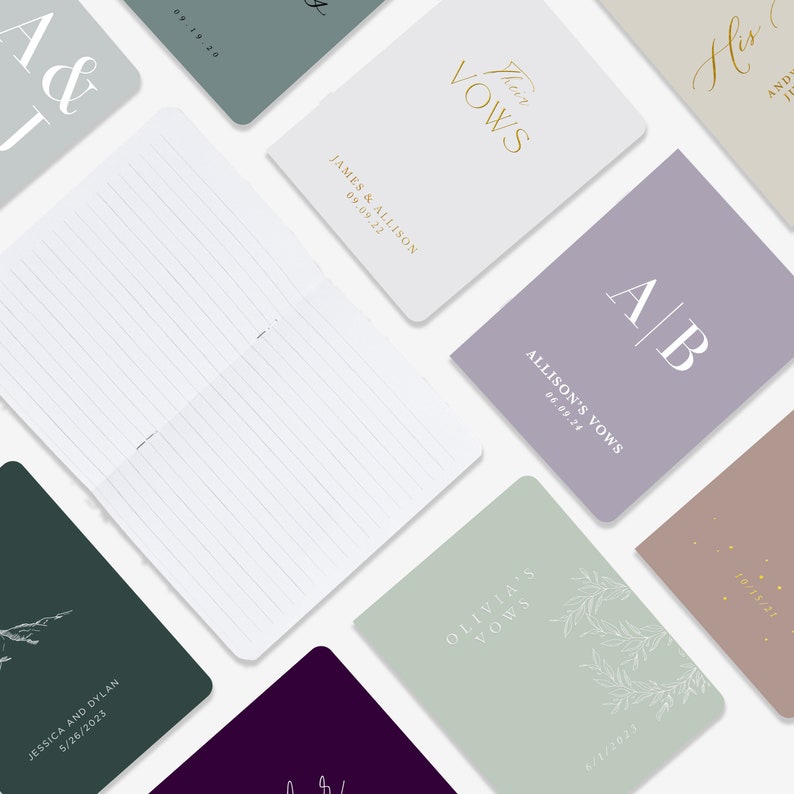 May include: Selection of wedding vow books and stationery in shades of green, purple, and white. Some cards display initials, dates, and the phrases "Their Vows" and "Allison's Vows". Measurements are not applicable.