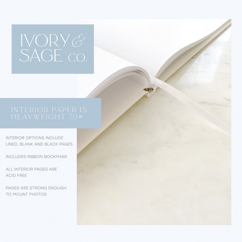 May include: An open notebook with white pages and a ribbon bookmark. The text on the image reads "IVORY & SAGE CO." and "INTERIOR PAPER IS HEAVYWEIGHT 70#." Additional text states the notebook includes lined, blank, and black pages, and is acid-free.