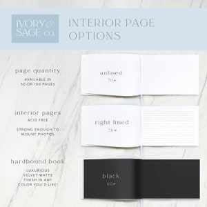 May include: Image showcasing interior page options for a hardbound book. Options include unlined, right-lined, and black pages. The text indicates the availability of 50 or 100 pages, acid-free paper, and a luxurious velvet matte finish.