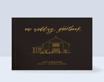 Personalized Wedding Guest Book: Venue Illustration, Gold Foil Hardcover
