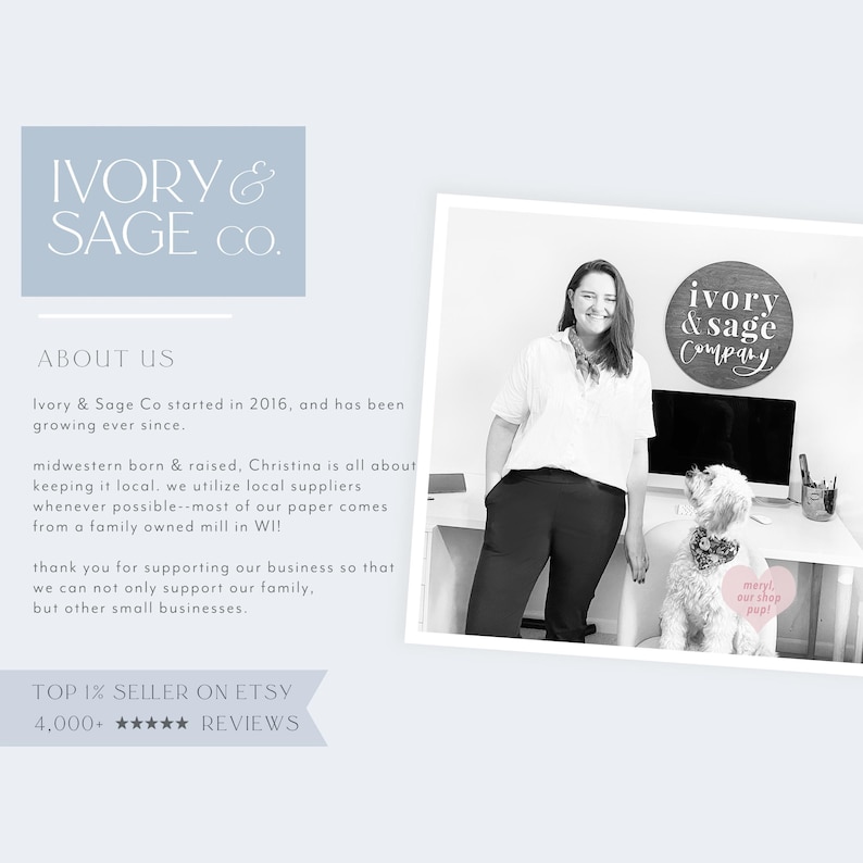 以下が含まれることがあります： 画像には、Ivory & Sage Co.のロゴと犬を連れた女性の写真が写っています。「私たちについて」というテキストと、会社の起源と価値観に関する詳細が含まれています。画像はまた、ショップの Etsy セラーのステータスと顧客レビューを強調しています。