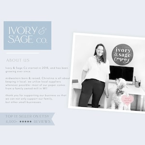 May include: The image features the Ivory & Sage Co. logo and a photo of a woman with a dog. Text includes "About Us" and a description of the company's origins and values. The image also highlights the shop's Etsy seller status with over 4,000 reviews.