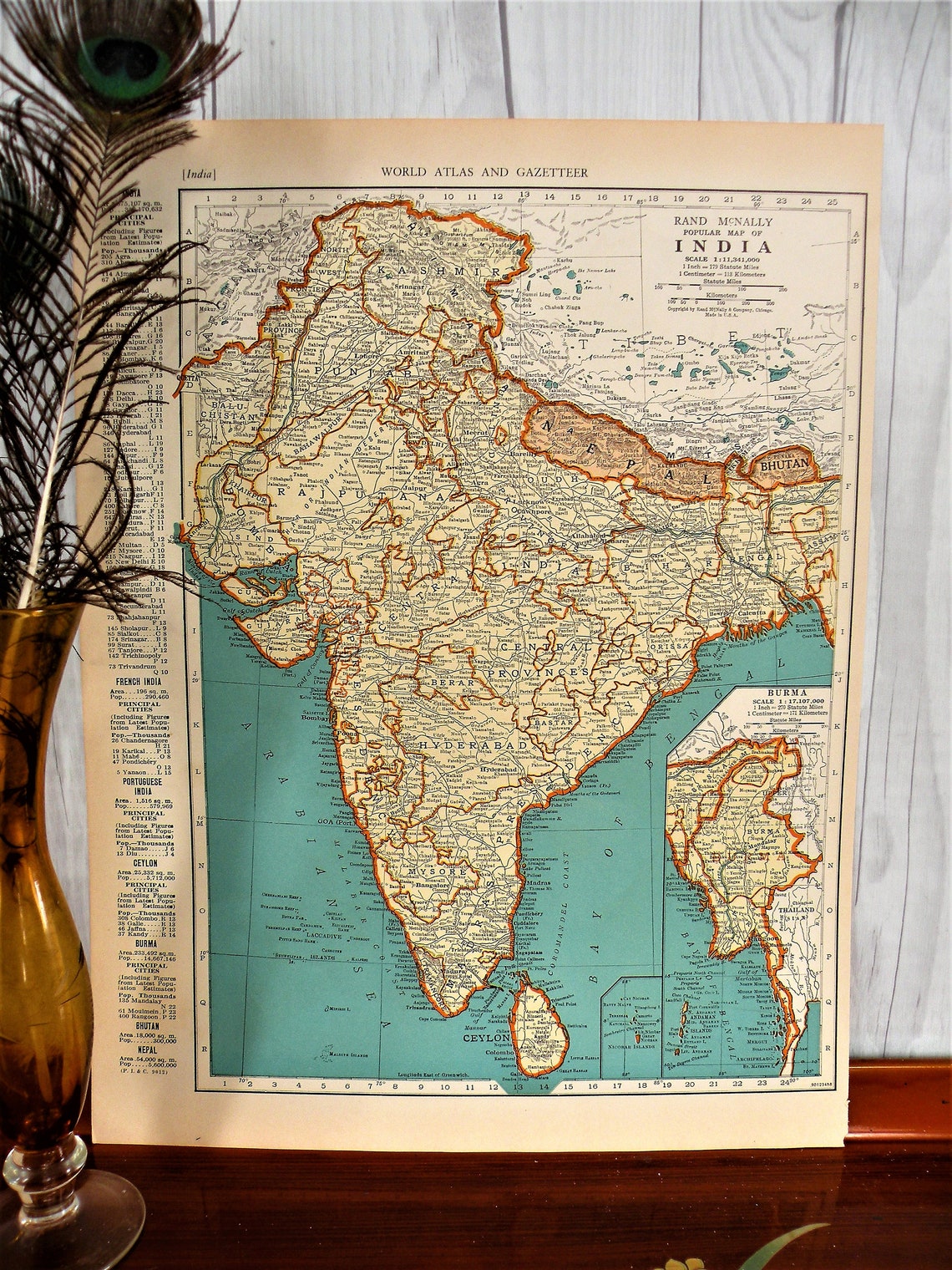 Vintage Map India Nepal Bhutan 1940 Historical Print WWII - Etsy