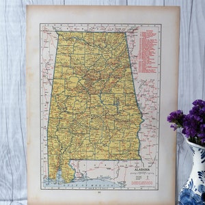Alabama Carte 1942, Home Decor, Belle carte vintage, Carte de l’époque de la Seconde Guerre mondiale, Carte vintage colorée, Cadeau de vacances, Carte à cadre
