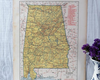 1942 Alabama Map, Original Vintage Home Decor, WWII Era