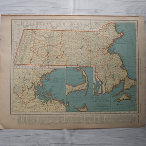 Vintage Karte von Massachusetts, WWII Era Karte, Vintage Karte, ästhetische Karte, Büro Kunst, Wandkunst, Geschenk, Weihnachtsgeschenk, schöne Karte