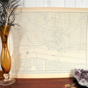 Antiguo mapa en blanco y negro de Detroit 1940, mapa de la era de la Segunda Guerra Mundial, mapa vintage de Detroit, mapa detallado original de Detroit, arte del mapa industrial