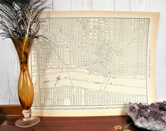 Antiguo mapa en blanco y negro de Detroit 1940, mapa de la era de la Segunda Guerra Mundial, mapa vintage de Detroit, mapa detallado original de Detroit, arte del mapa industrial