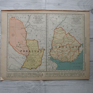 Landkarte Paraguay und Uruguay, 1937, Antike Landkarte von Uruguay, Paraguay, Uruguay, Geschenk, Urlaubsgeschenk, schöne alte Karte