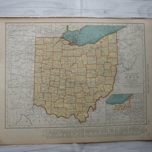 Ohio Vintage Karte 1937, ästhetische Karte, Landkarte aus dem zweiten Weltkrieg, Vintage Karte, antike Karte von Ohio, Bürokunst, Wandkunst