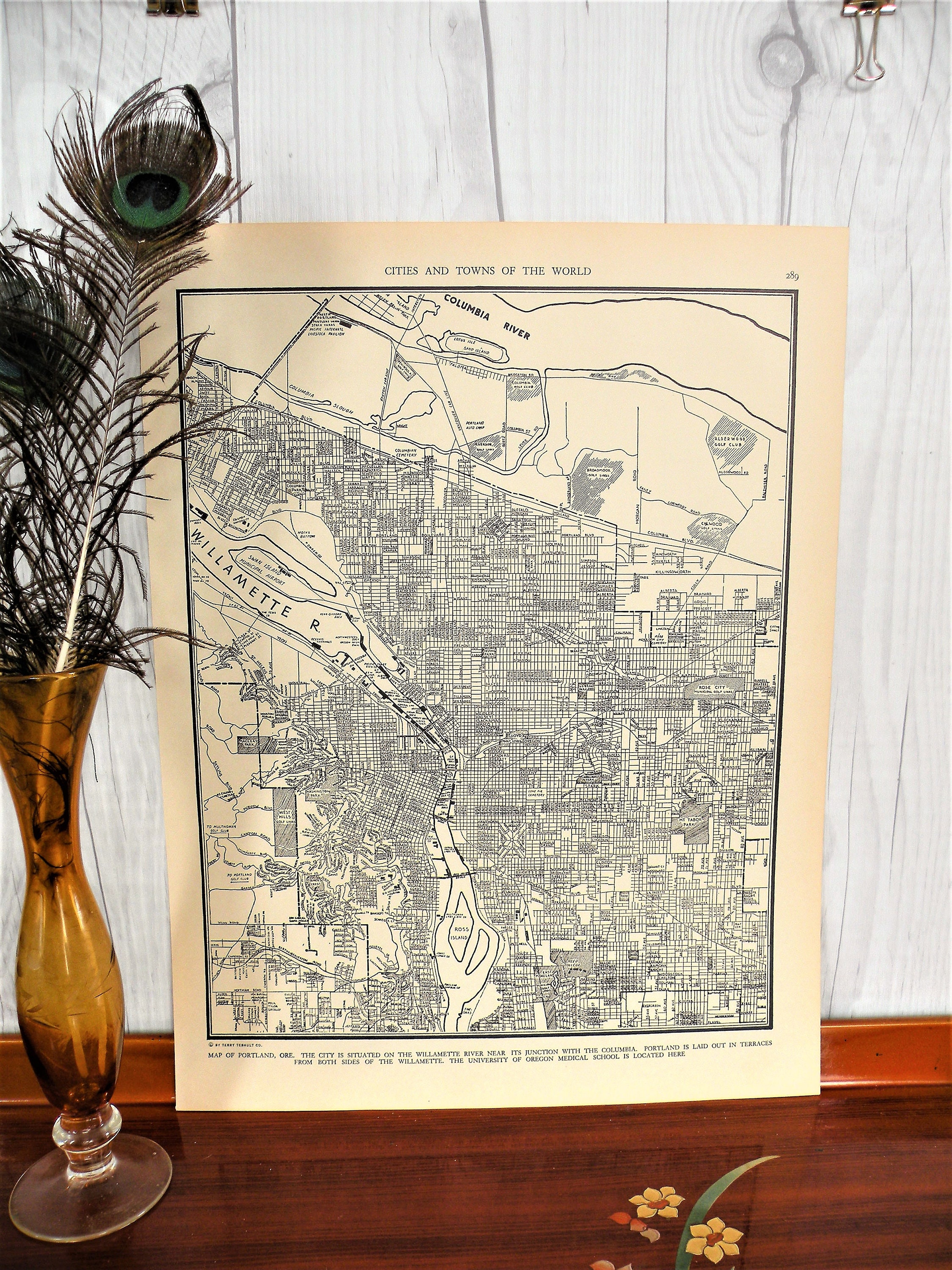 Mapa antiguo en blanco y negro de Portland, Oregón, 1940. Mapa de la era de la Segunda Guerra Mundial. Mapa antiguo de Portland. Mapa detallado original de Portland, Oregón