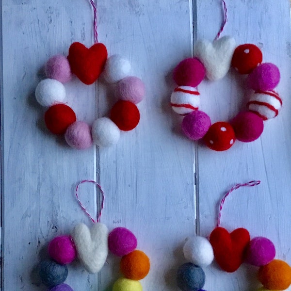 Listing is for 1 Wreath/Heart Felt Pom Ball Wreath Ornaments/Christmas  Decor/Holiday  Decor/Felt Pom Balls