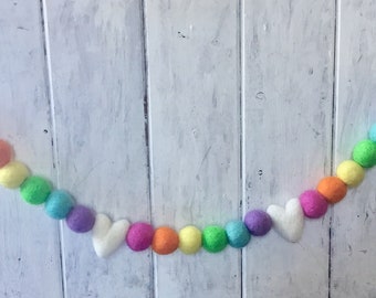 Heart Pastel Rainbow Garland/Easter Decor/Spring Decor/Felt Pom Ball Garland