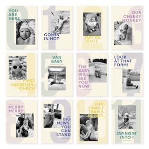 Baby eerste verjaardag maand tot maand displaykaarten - aanpasbare bijschriften en koppen - gepersonaliseerde maand tot maand babykaarten - 5"x7"