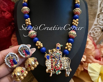Handcrafted Terracotta Krishna Necklace & Earring Set: Hand-Painted Jewelry
