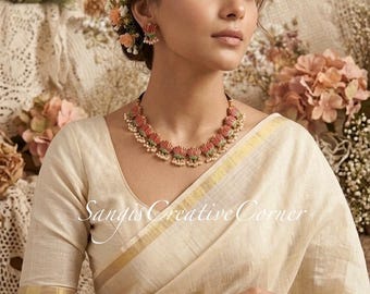 Handcrafted Terracotta Temple Jewelry Set: Lotus Floral Necklace, Earrings, Bangle 2.6 size option