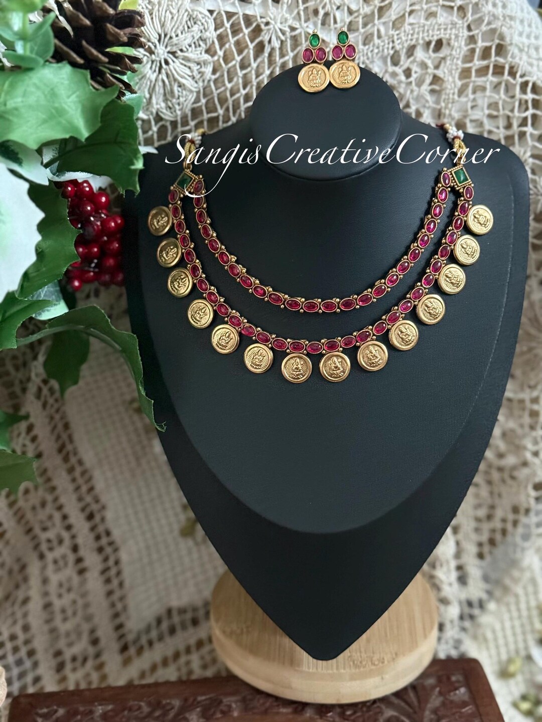 Kasu Coin Lakshmi Necklace Earring Set | Gold Finish Temple Jewelry - Etsy