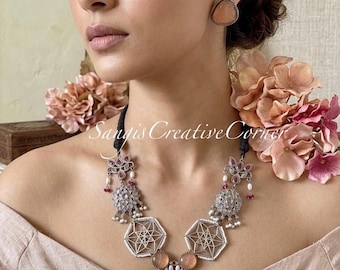 RARE Oxidized Silver lookalike Necklace and earrings: Handset stone work, Peach hues Finish Simulated Stone work Jewelry