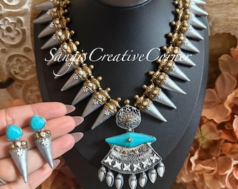 Handmade Terracotta Necklace, Bangle, and Earrings Set: Handpainted Jewelry