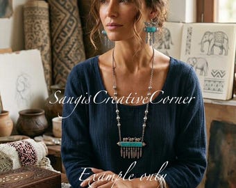 Oxidized Silver Look Necklace and Earrings Set | Turquoise-like Stone, Elephant Motif, Pearls