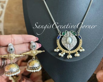 Oxidized Dual tone Necklace, Earrings: Handcrafted Stone Jewelry