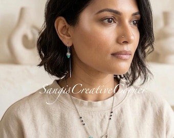 Oxidized Silver Tulip Necklace and threader style earrings: Adjustable Handcrafted Fusion Jewelry, Turquoise