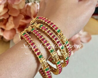 Temple Jewelry Bangles|4 Bangles per set |Stone work| Handcrafted|Gold finish Bangles |Monalisa Stones | handset|carved jewelry|24,2.6,2.10