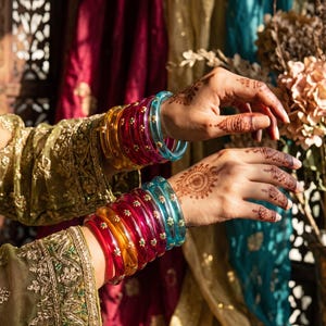 May include: A set of translucent bangles in vibrant shades of turquoise, magenta, and amber, each featuring small, delicate gold-colored floral accents. These circular bracelets are worn in stacked groups on both wrists, showcasing a smooth, glossy finish and a rounded profile.