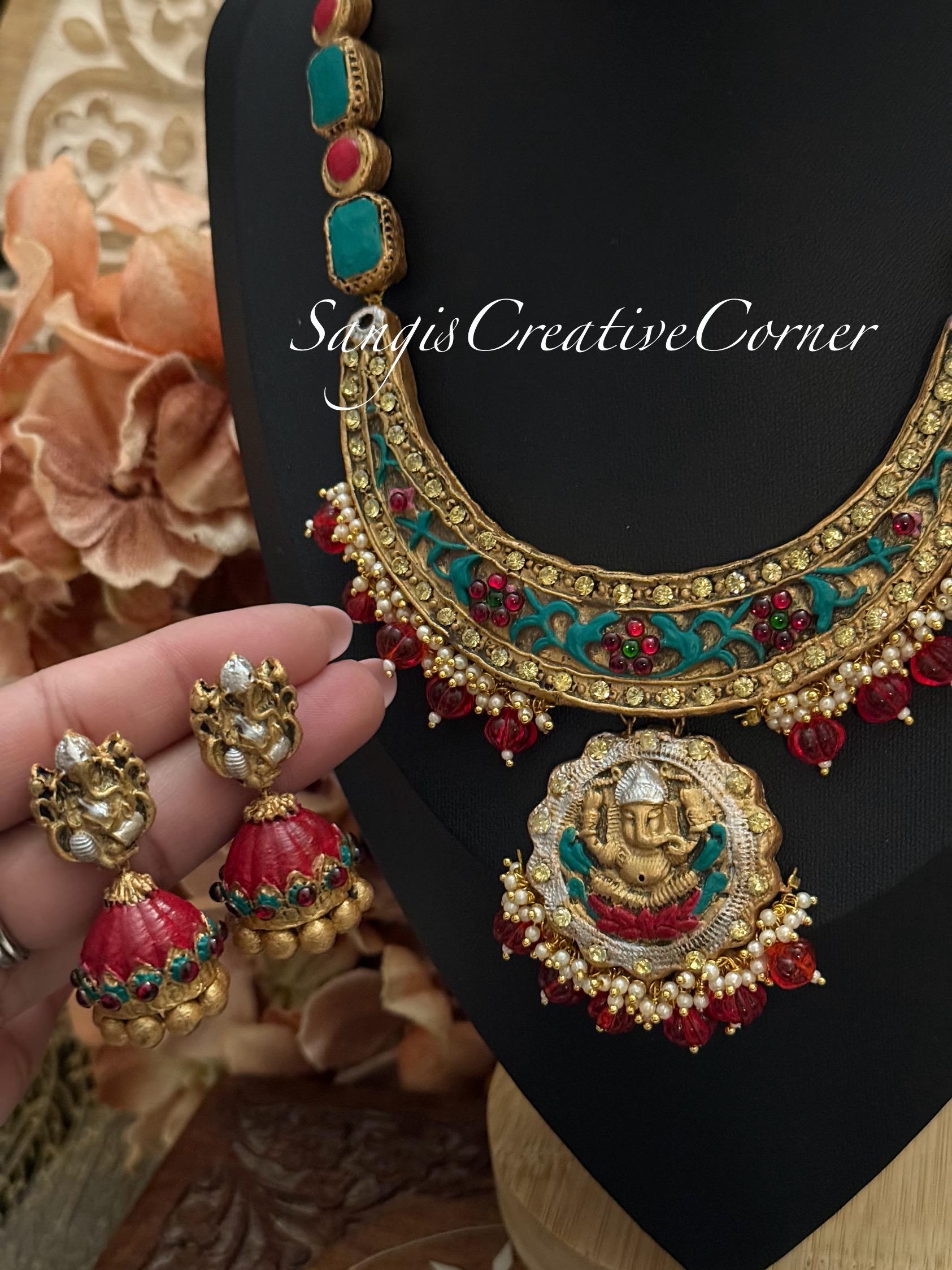 Handmade Terracotta Ganesha Necklace Earring Set: Antique Gold Temple Jewelry