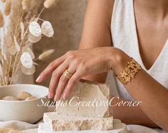 18K Gold Polished Textured Bangle Cuff and Finger ring: Anti-Tarnish Stainless Steel