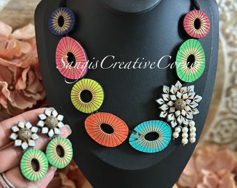 Handcrafted Terracotta Necklace Earring Bracelet Set: Hand-Painted Summer Jewelry
