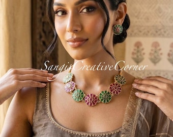Temple Jewelry|maroon green resin poured|Necklace| Earrings|Handcrafted|stud Earrings|Gold Finish|handset|carved jewelry|