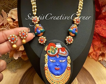 Handcrafted Terracotta Krishna Jewelry Set: Hand-Painted Necklace & Earrings