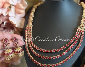 Temple Jewelry|red green stone Set|Necklace| Earrings|2-piece set|Handcrafted|Dangling Earrings|Gold Finish|handset|carved jewelry|temple